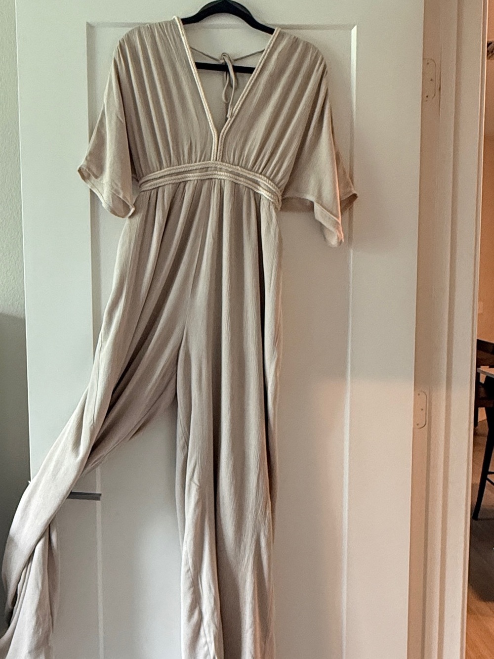 Wide-Leg V-Neck Jumpsuit in Light Beige - Picture 4 of 11